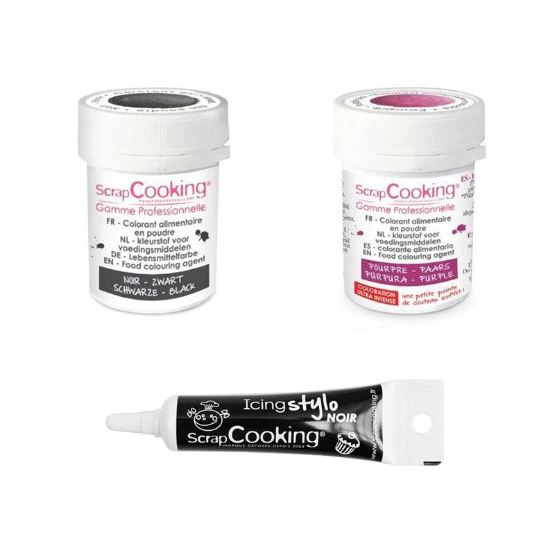 2 colorants alimentaires noir-pourpre + Stylo glaçage noir Scrapcookin