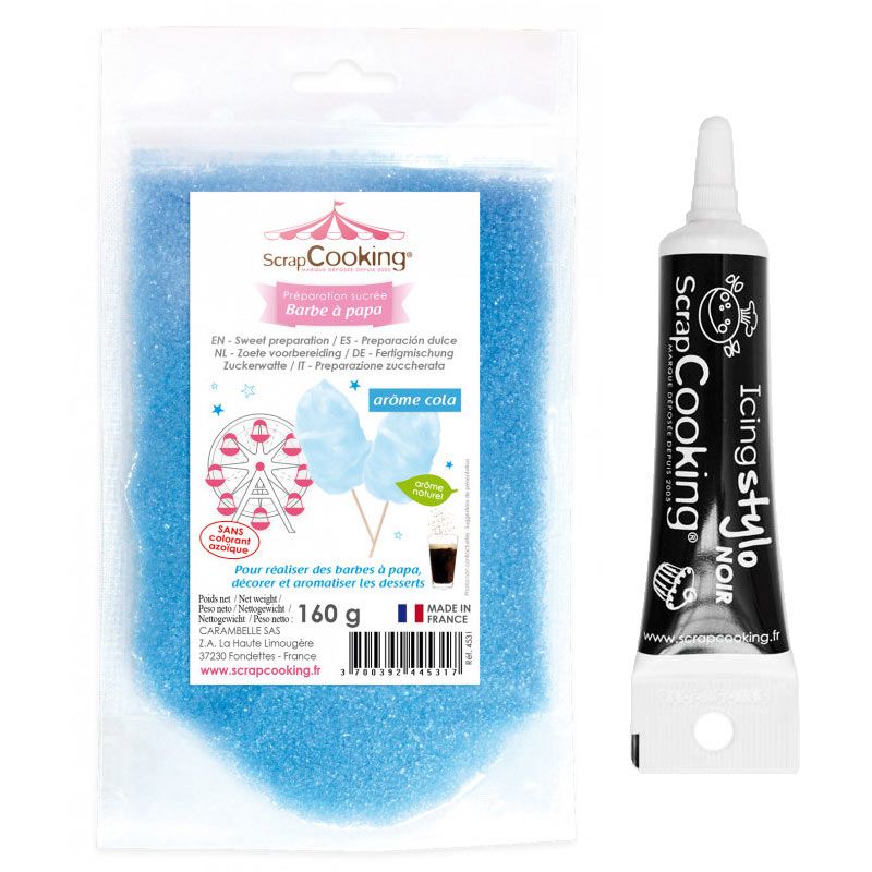Préparation barbe à papa bleue + Stylo glaçage noir Scrapcooking