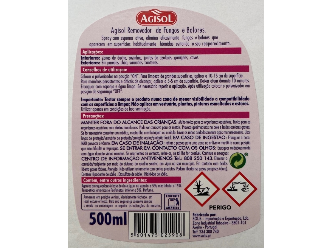 ANTI FUNGOS E BOLORES AGISOL SPRAY COM ESPUMA ATIVA 500ML