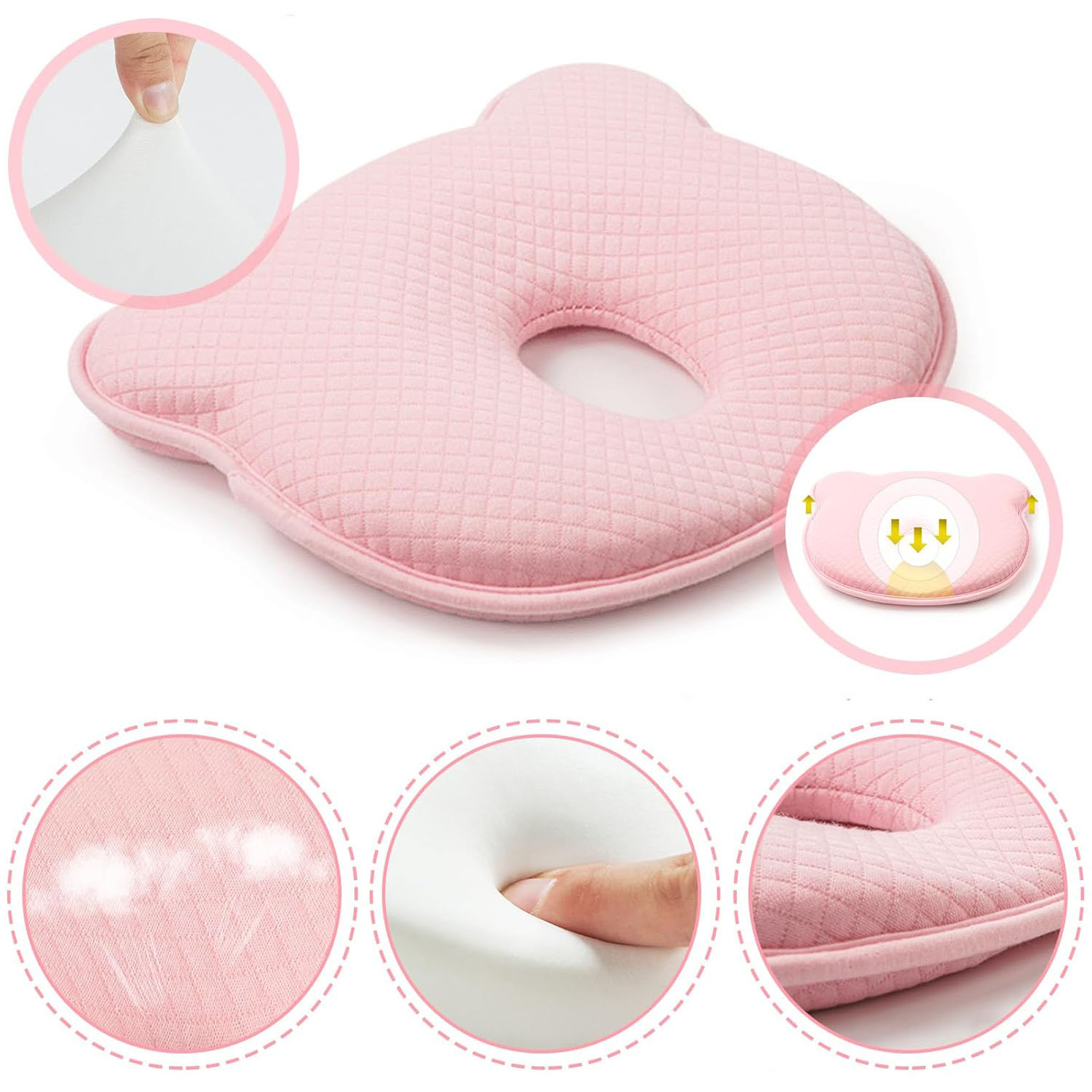 (25x21cm) Baumwoll Memory Foam Baby Kissen Neugeborenen Kopfkissen mit Aussparung - Gelb