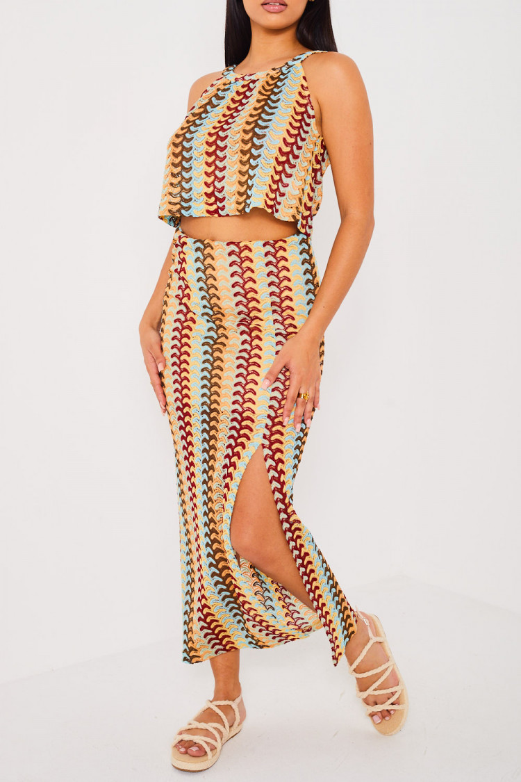 Ensemble 2 pièces top + jupe multicolore ajourée