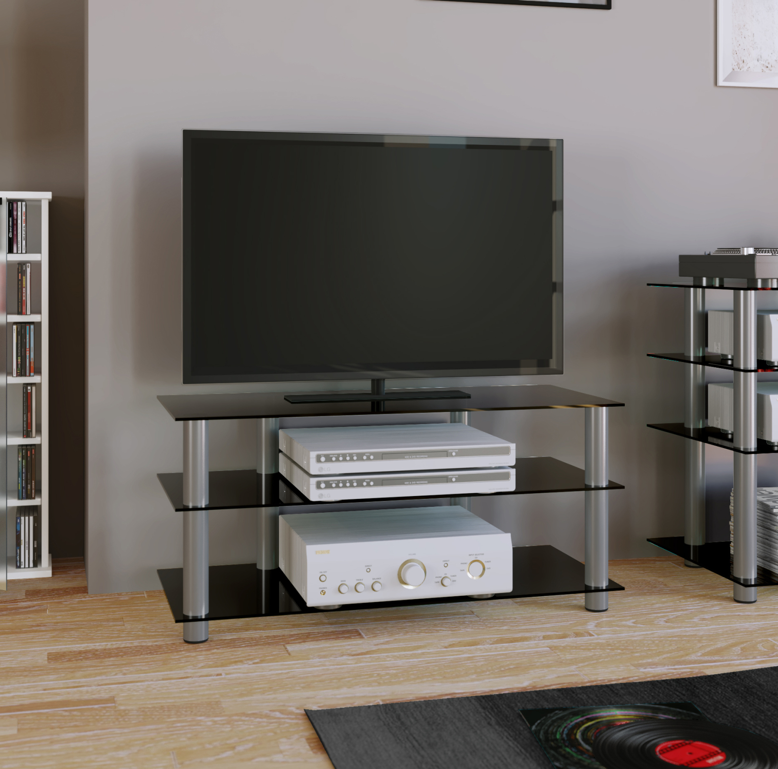 TV-Rack - silber - Schwarzglas - 95 cm breit