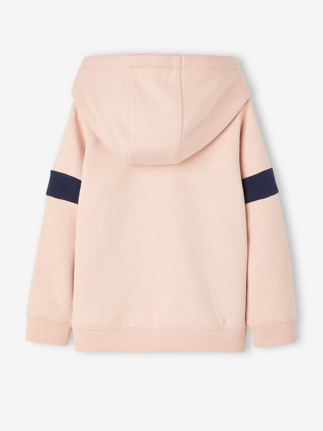 Blusa de moletom rosa claro lisa com zíper para meninas e detalhes estampados.