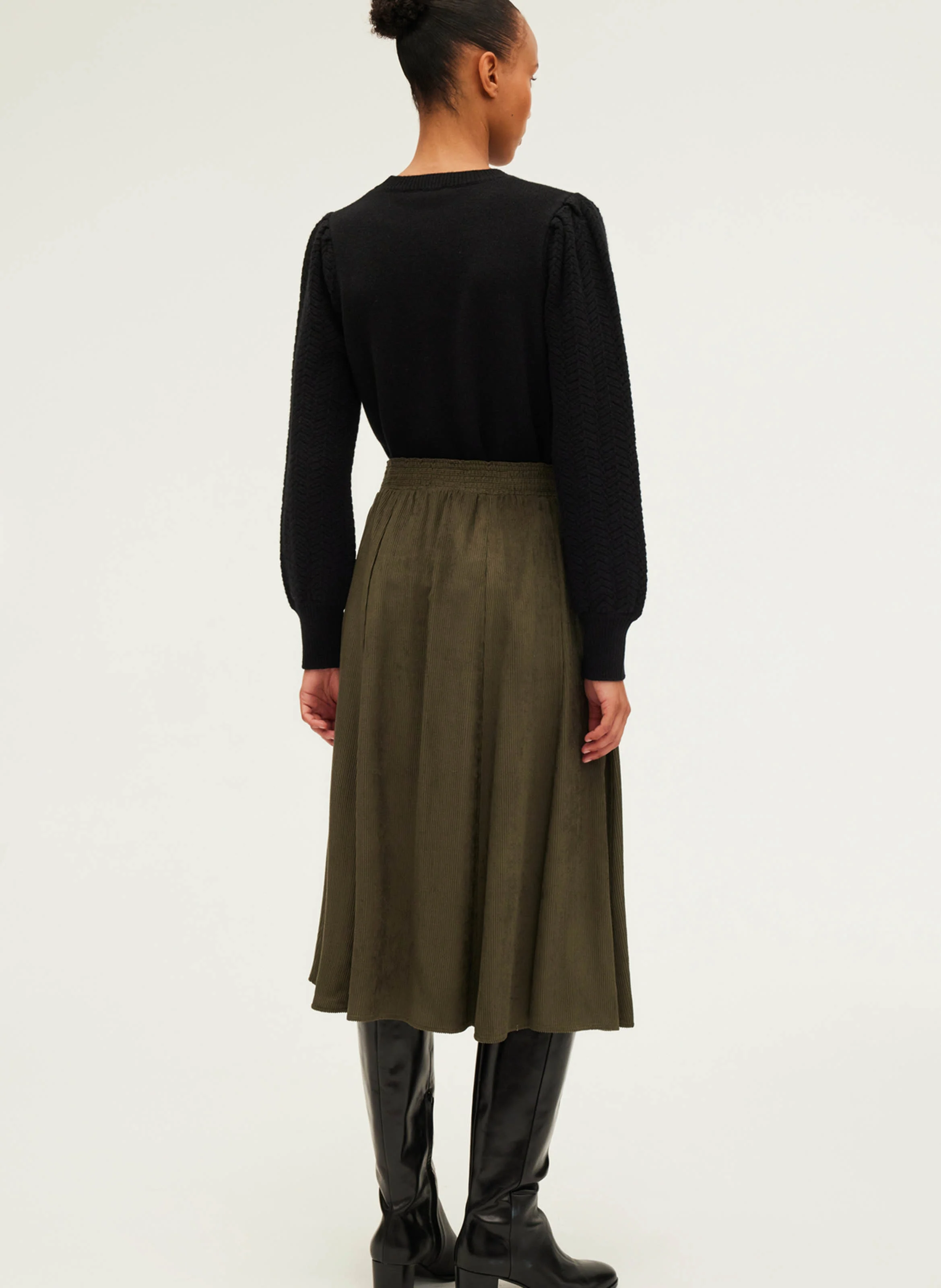 CEPHISE - Jupe midi en velours| Kaki