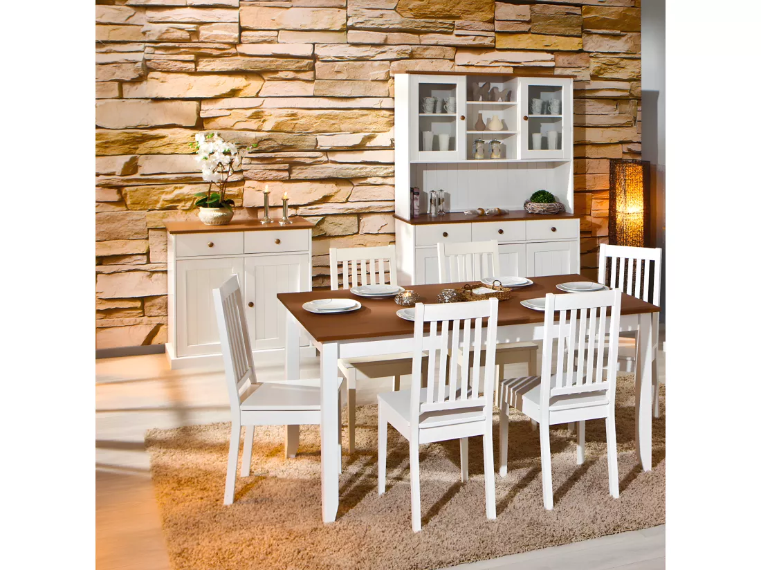 SOCOA - Buffet Vaisselier 5 Portes 3 Tiroirs Bois Massif Vernis Sepia et Blanc