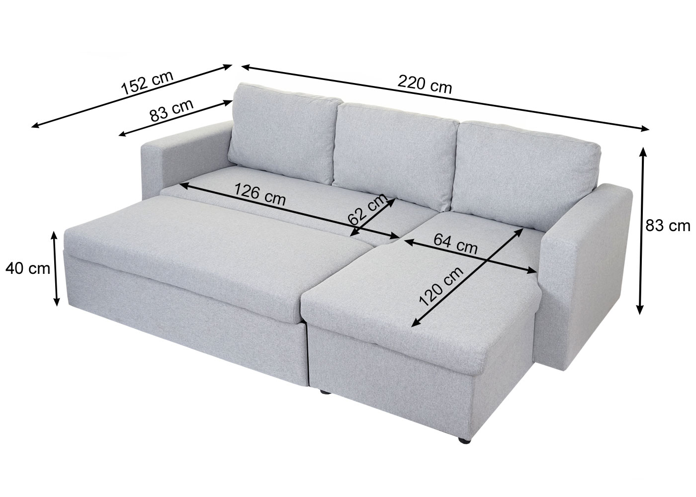 Schlafsofa MCW-D92, Couch Ecksofa Sofa, Schlaffunktion 220x152cm Stoff/Textil ~ hellgrau, ohne Deko-Kissen