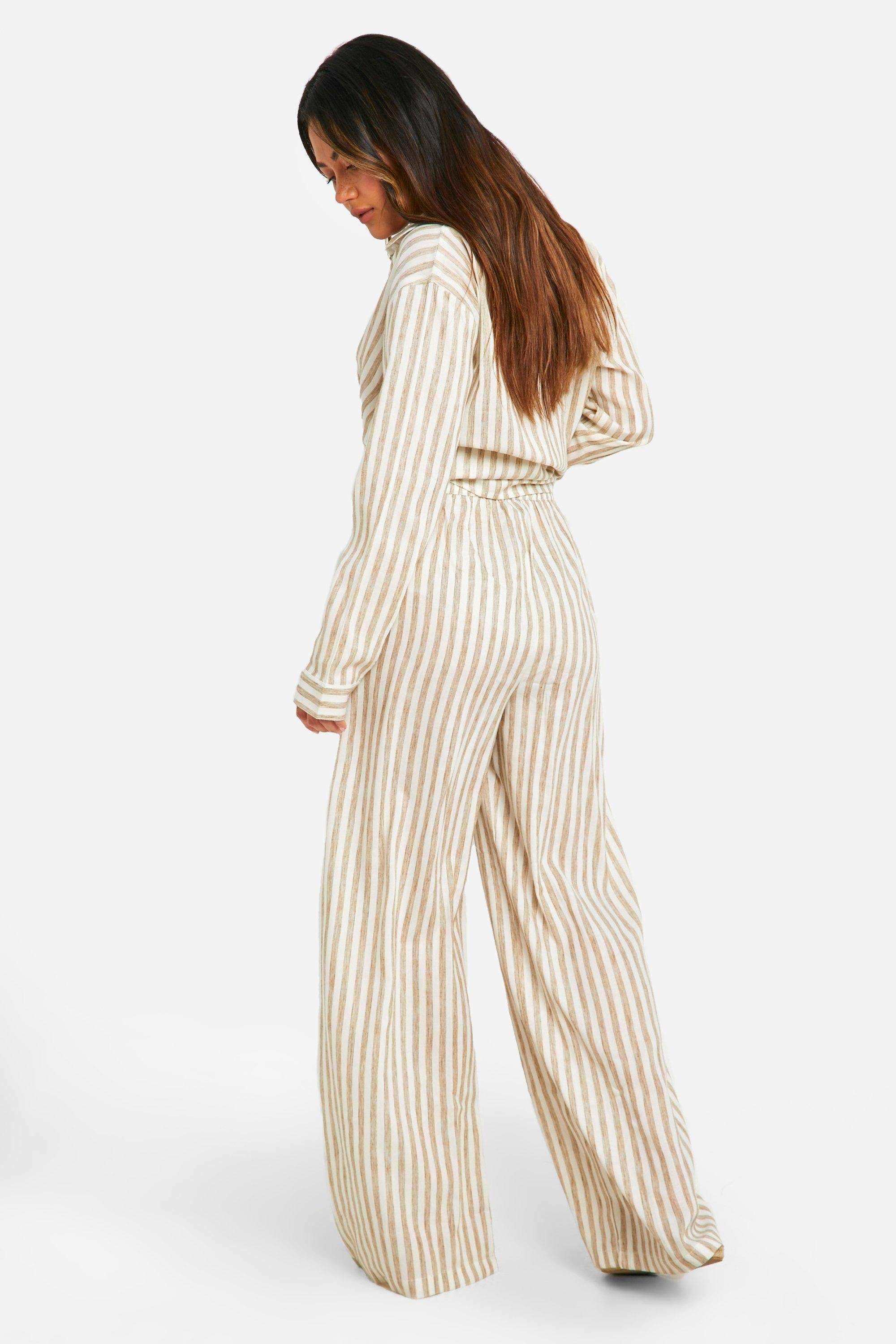 boohoo Pantalon à jambes larges effet lin rayé