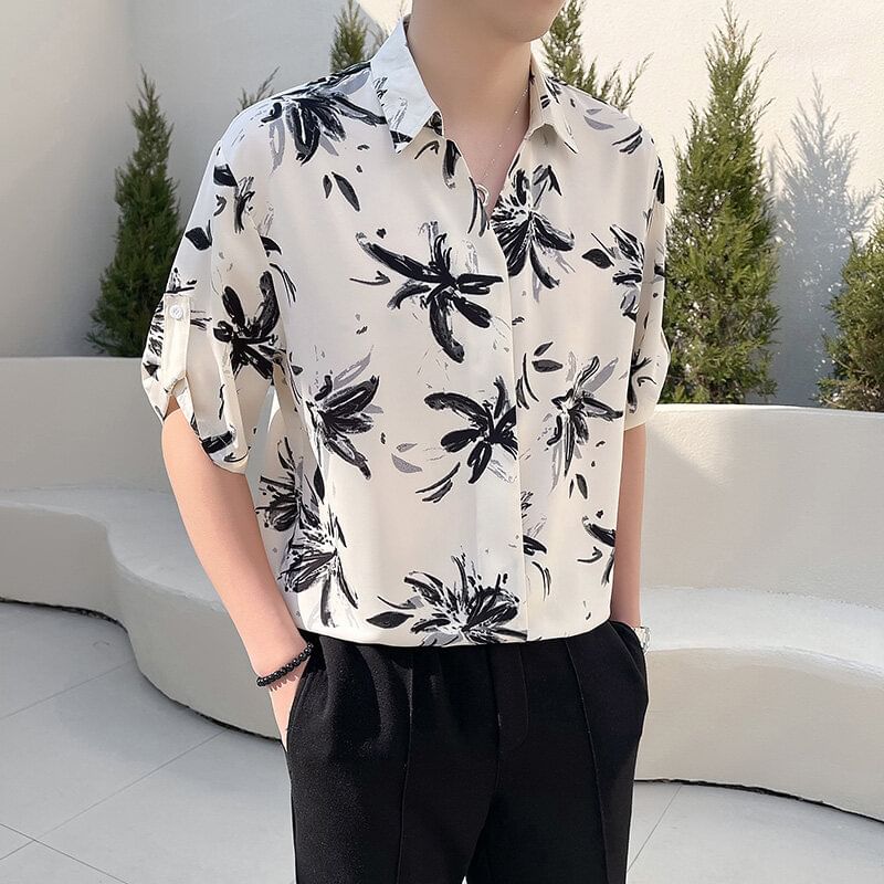 Sheck - Oversized overhemd met korte mouwen, reverskraag en bloemenprint