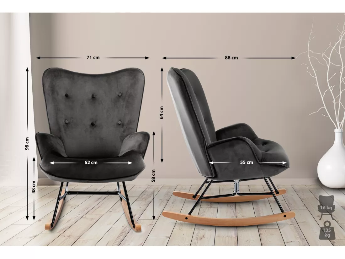 Chaise à bascule - Velours & Métal - Gris foncé - Sanka