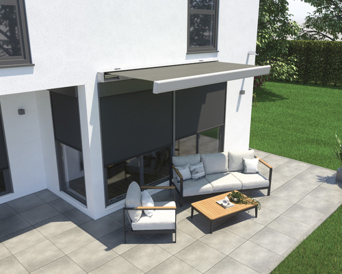 Levante cassettescherm 2,5x1,5, stof effen grijs, frame RAL 9006 wit aluminium, inclusief motor, afstandsbediening en indirecte dimbare LED-verlichting