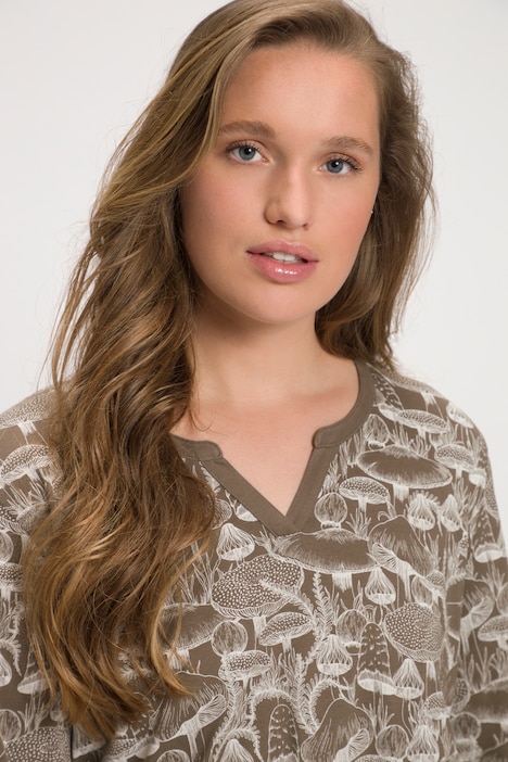 Pyjamashirt, Pilze, Tunika-Ausschnitt, Halbarm