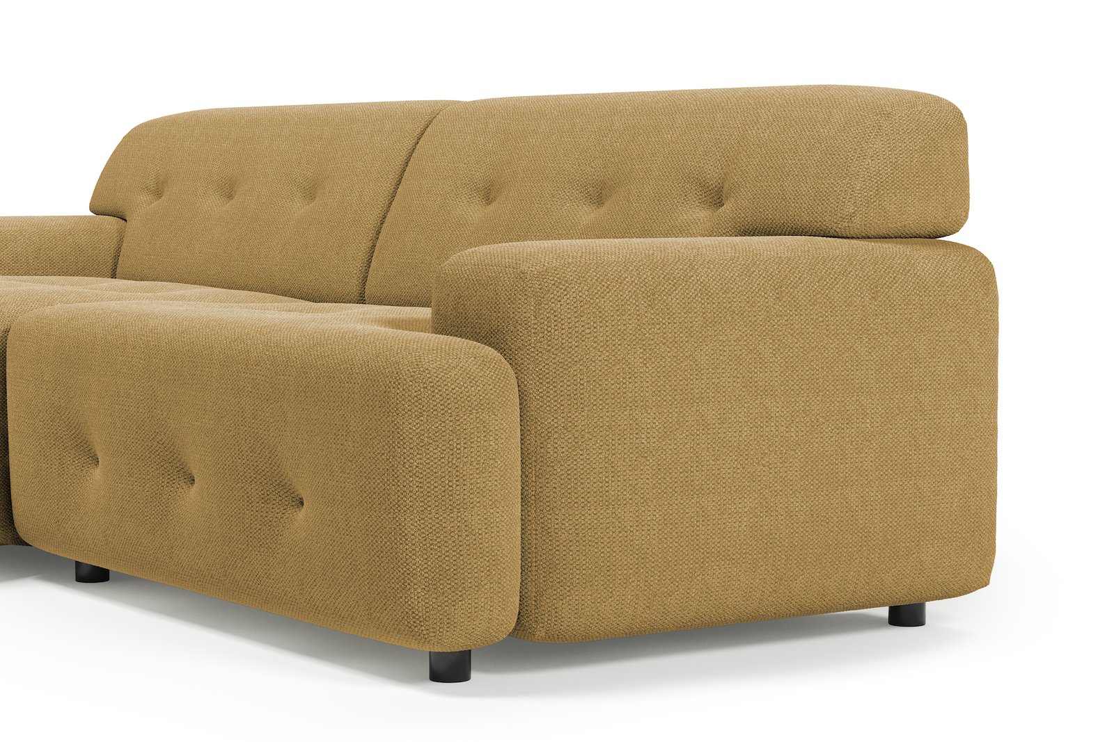 Bob sofa 1,5-seter med sjeselong venstre. Tekstil Mito 170 Mustard med sorte ben.
