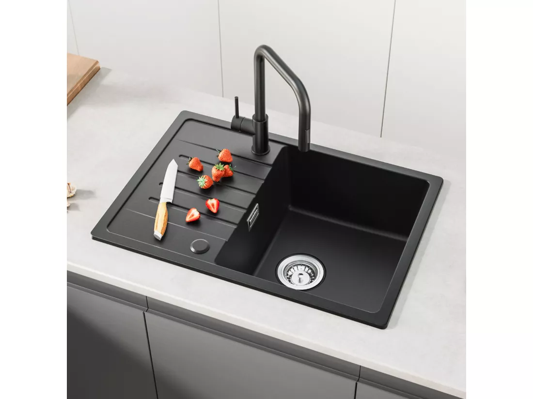 Noir Evier à Encastrer 1 Bac avec Egouttoir, Quartz et Résine, 65x45cm + Mitigeur de Cuisine Rabattable Noir