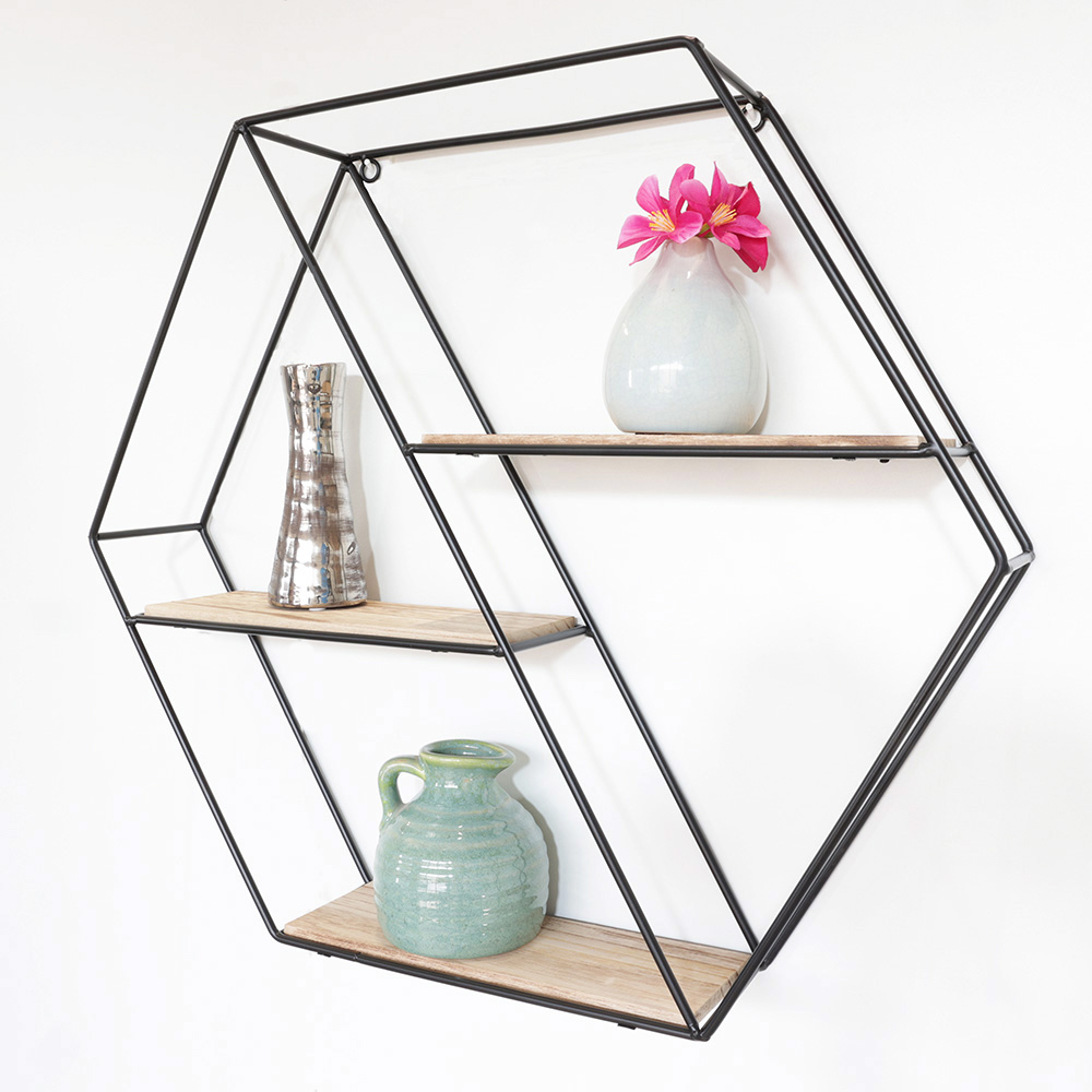 Etagère murale en métal noir 3 étagères en bois - diagonale hexagonale