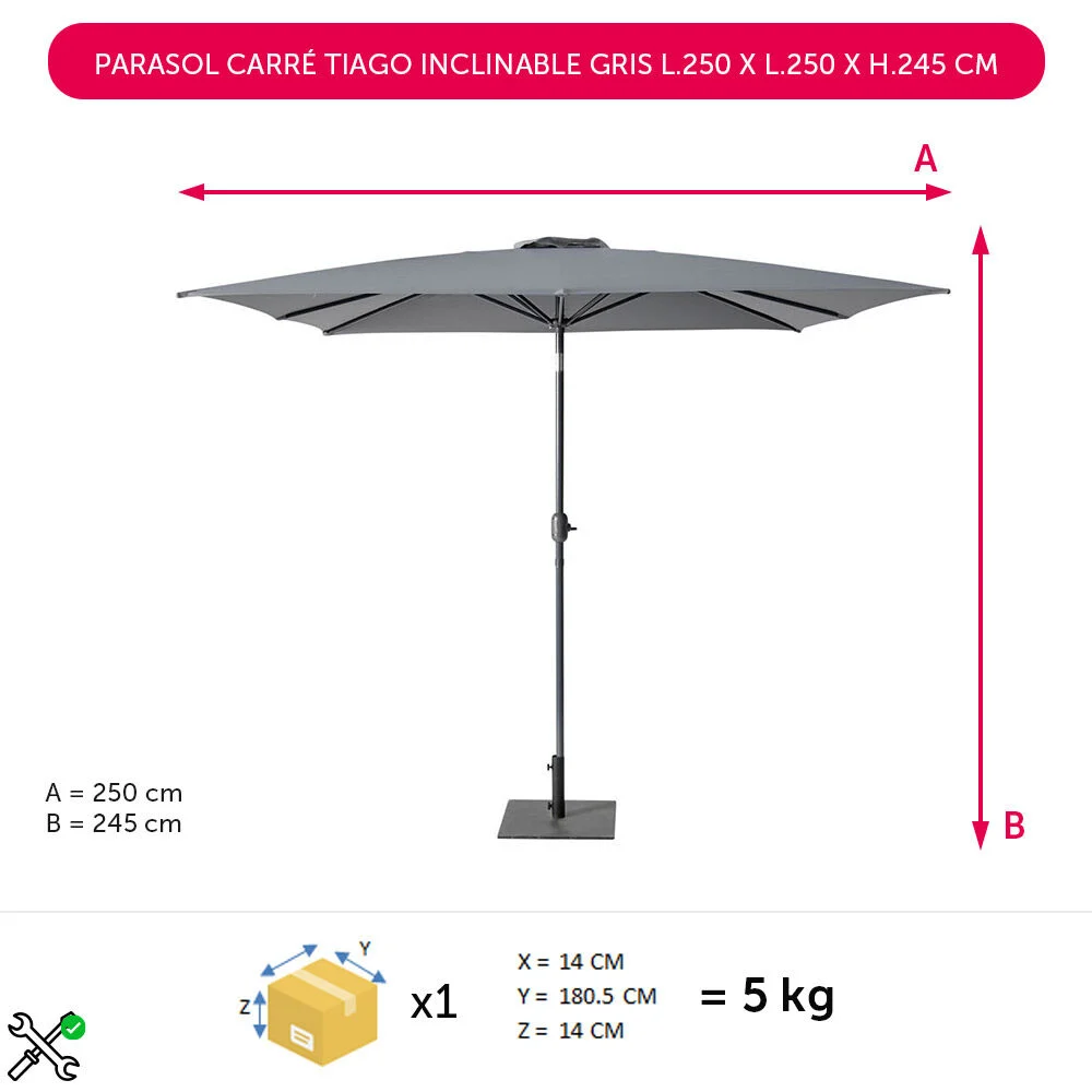 Parasol carré Tiago inclinable gris L.250 x l.250 x H.245 cm