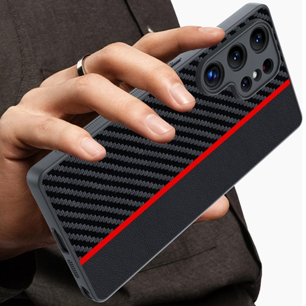 Samsung Galaxy S25 Ultra Hybrid Hardcase Hülle im Carbon Leder Look - Schwarz / Rot