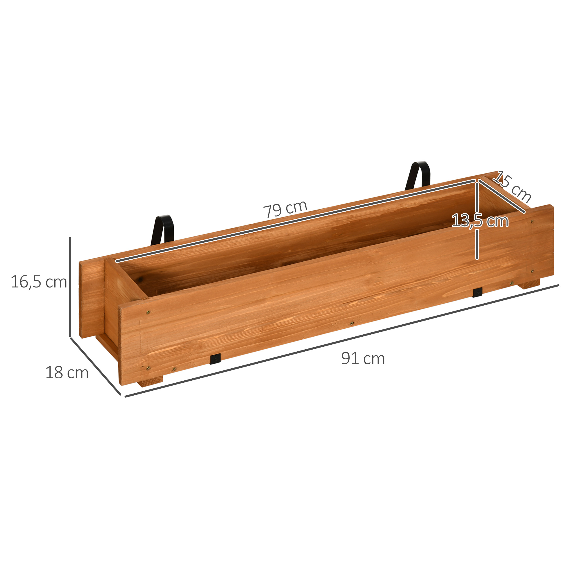 Canteiro retangular de madeira Outsunny para chão ou parede, com 2 furos de drenagem e 2 ganchos para o cultivo de plantas e flores em jardins ou terraços, 91x18x16,5 cm, cor natural.