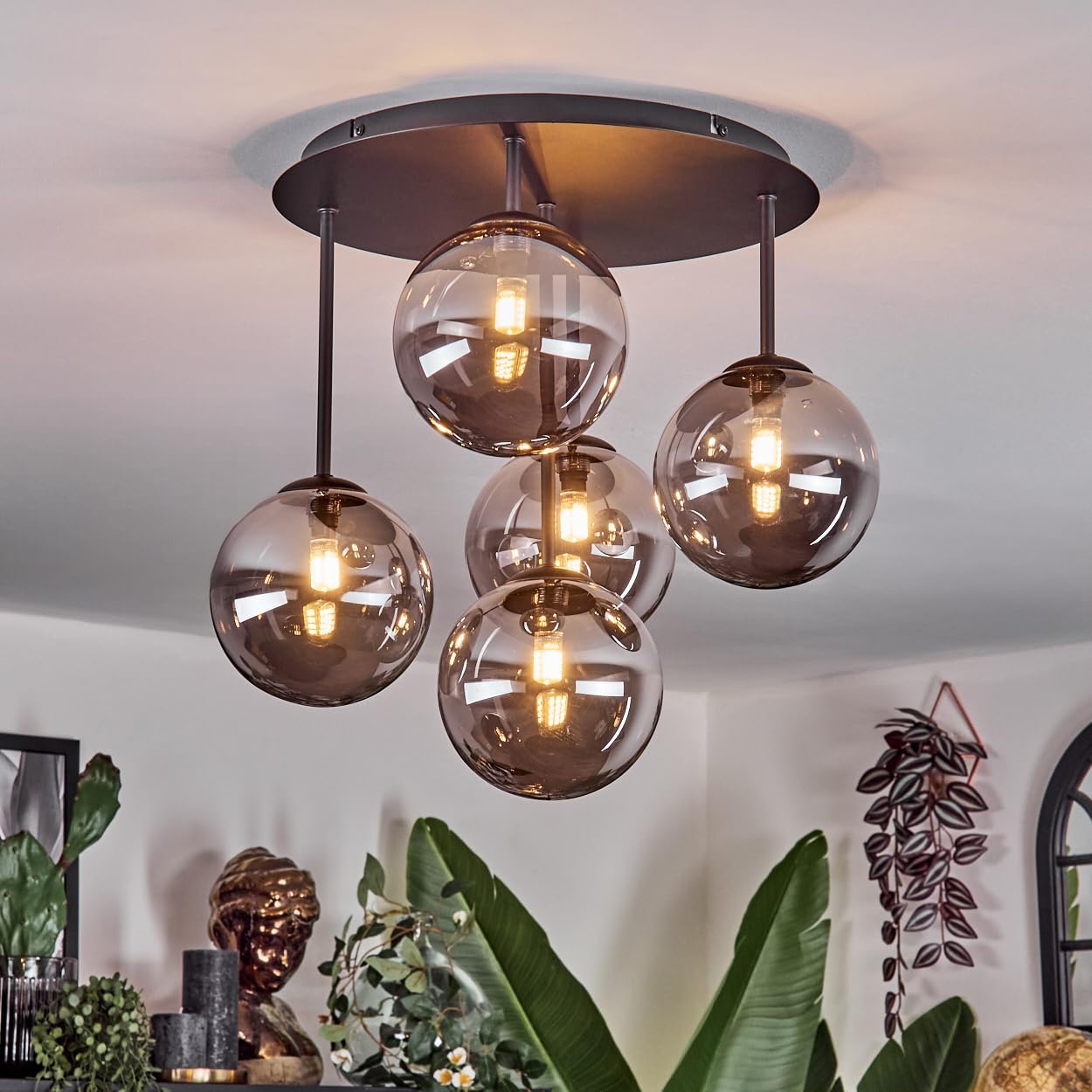 HOFSTEIN Deckenleuchte Chehalis, 5-flammige Deckenlampe aus Metall/Glas in Schwarz/Rauch, moderne Leuchte im Retro/Vintage-Design (Schirme Ø 15 cm), G9, Esszimmer, Wohnzimmer, Schlafzimmer, Küche
