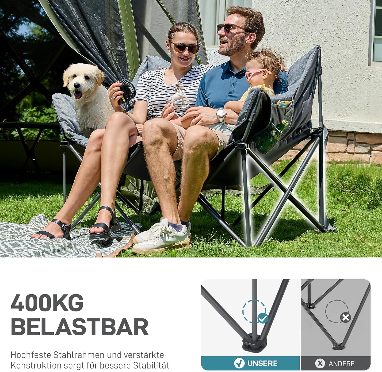 EVER ADVANCED Campingstuhl Faltbar 145cm Breit für 2 Personen Faltsofa 400KG Belastbar, Campingsofa Dick Gepolstert Klappstuhl 2 Sitzer Hohe Lehne Extra Breit für Outdoor Garten Balkon Indoor