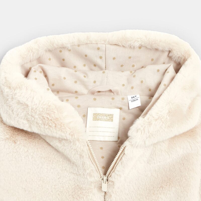 Manteau-pull fausse fourrure à capuche beige fille