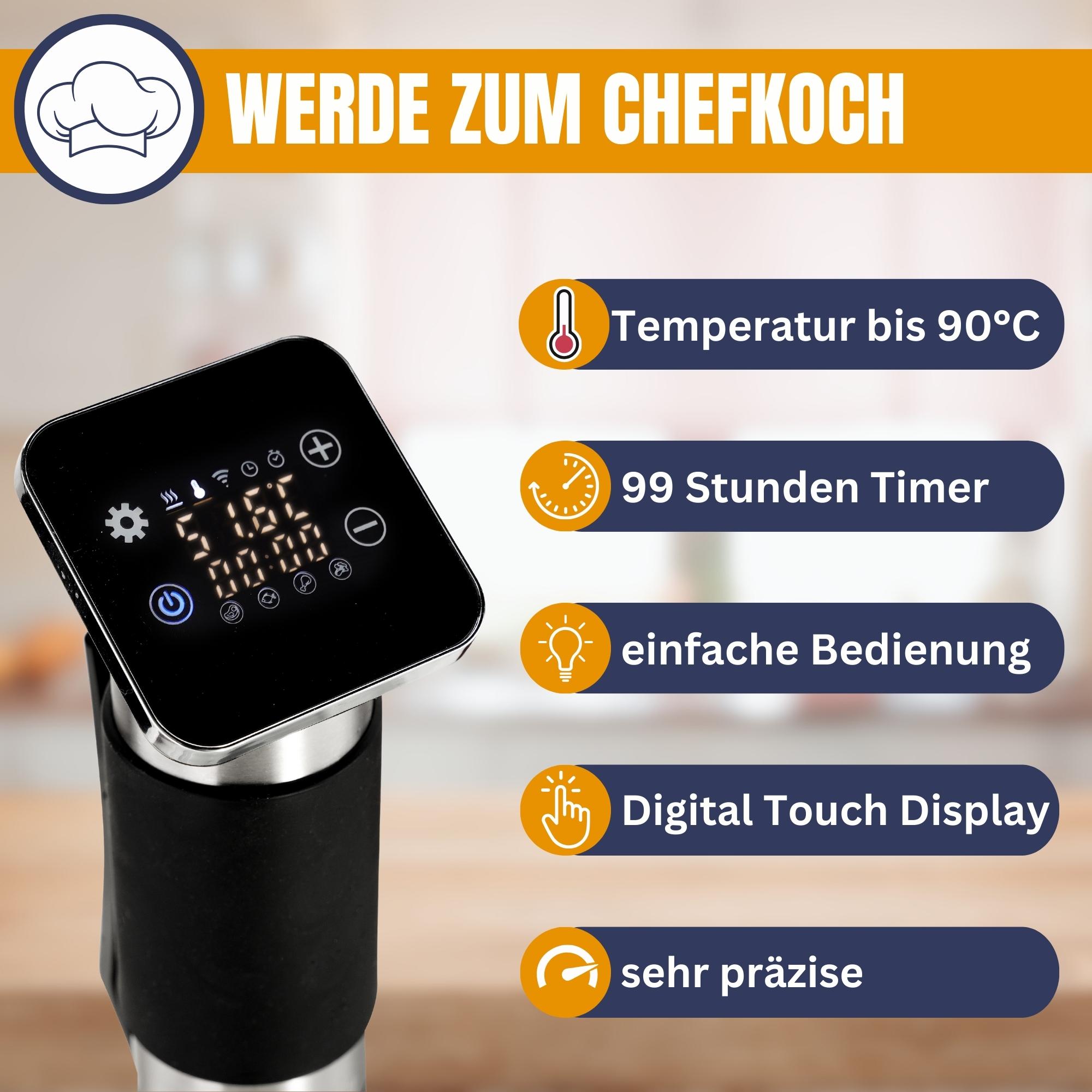 Sommertal TS1300 Sous Vide Stick Garer Stab, WiFi WLAN App Steuerung, Präzisionskocher Temperatureinstellung 0°C bis 90°C, wasserfest IPX7, Timer, Smart Home, 1300W, TÜV GS geprüft