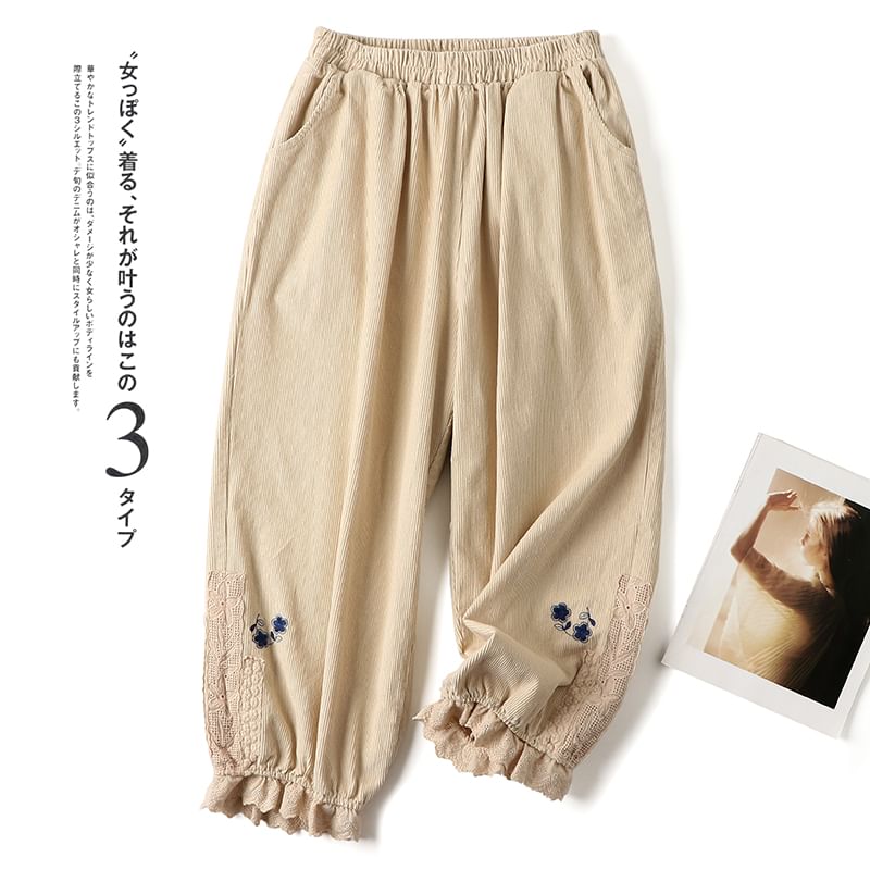 CosmoCorner - Corduroy Harembroek met elastische taille en bloemenaccent