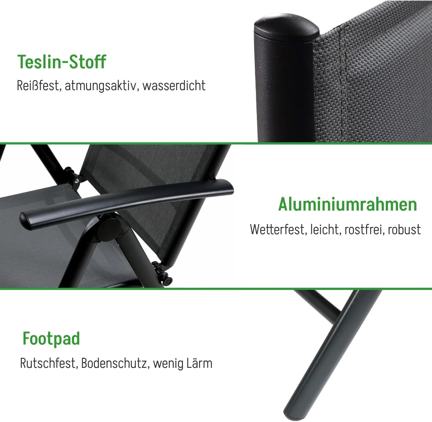 LIFERUN 3-Teiliges Gartenmöbel Set, Aluminium Balkonmöbel Set, 2pcs Verstellbare Hochlehner Klappstühle +110x70cm WPC Wetterfest Rechteckiger Terrassentisch,Essgruppe Sitzgruppe Outdoor, Schwarz