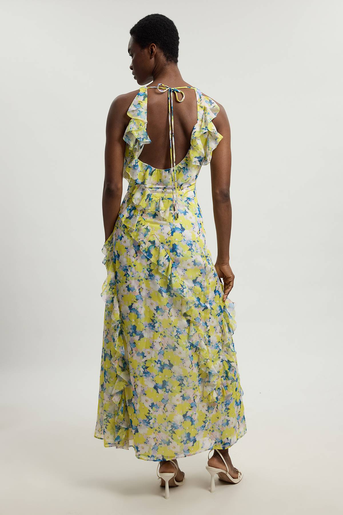 KarenMillen Robe Longue Tissée À Col Licou Avec Détails De Volants En Georgette Crêpée À Imprimé Floral