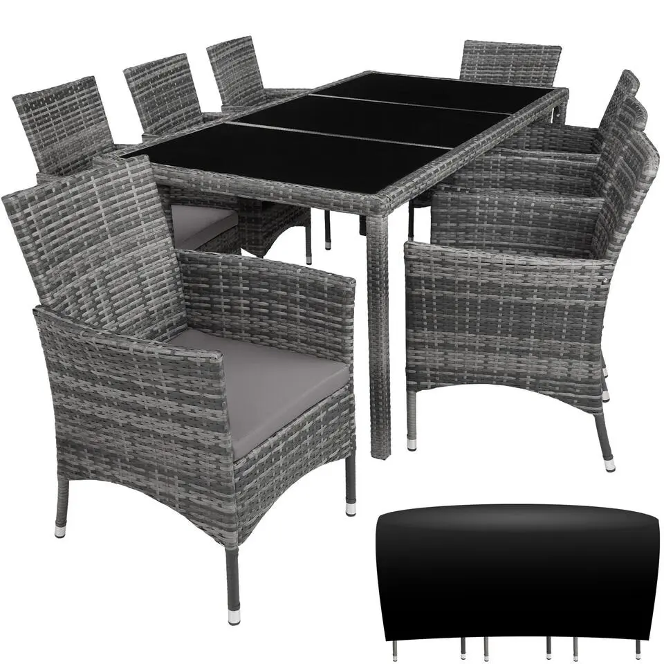tectake - tuinset 8 stoelen en tafel - wicker - grijs