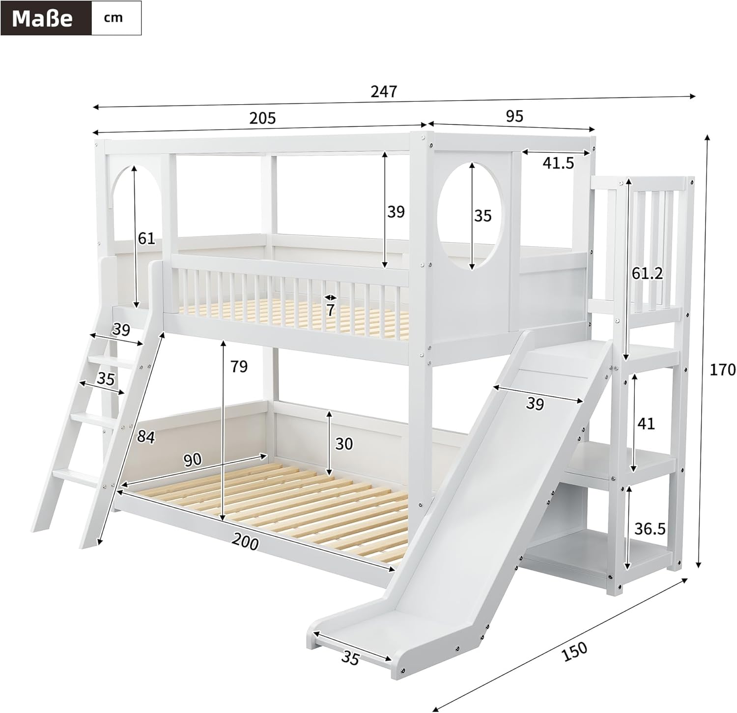 Merax Etagenbett 90x200cm mit Rutsche, Kinderbett mit Regal & Sicherheitsleiter, Hochbett mit Stauraum, für Jungen, Mädchen, Weiß (Ohne Matratze)