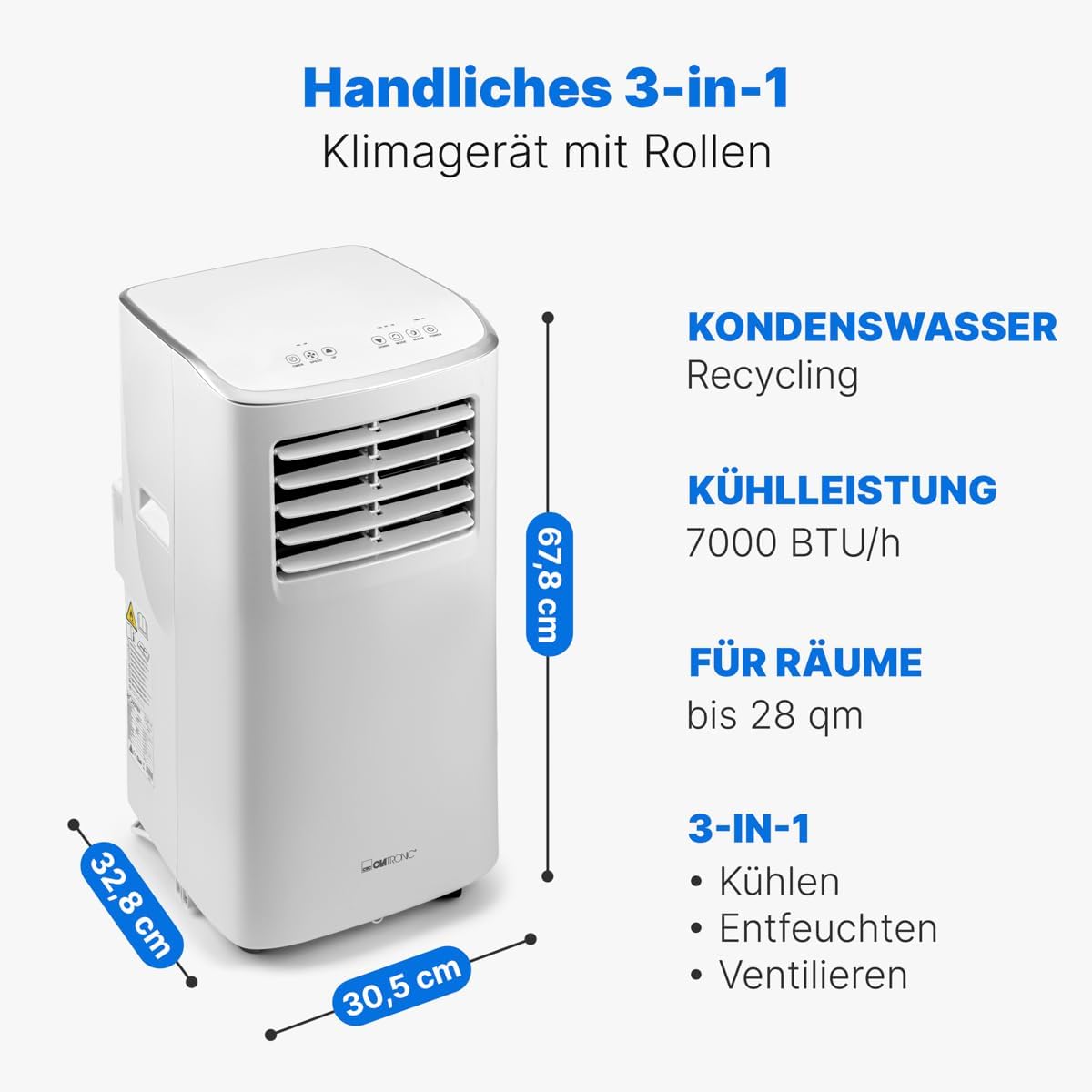 Clatronic® Klimaanlage | mobiles Klimagerät | für Räume bis ca. 28qm | Kühlen, Entfeuchten, Ventilieren | mobiles Klimagerät leise | 7.000 BTU | Klimaanlage mobil | mit Timer | CL 3831