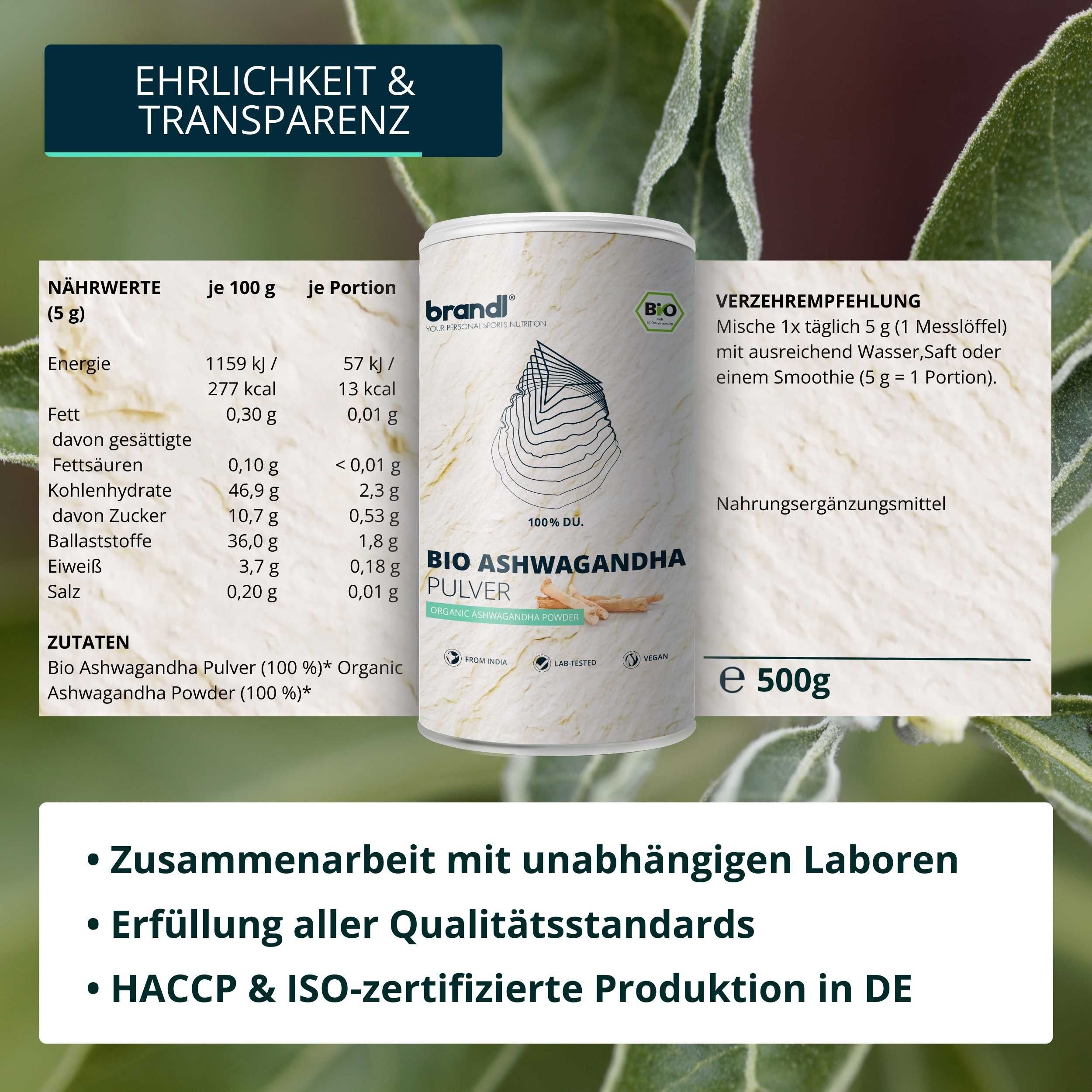 brandl® Ashwagandha Pulver Bio | Ashwagandha in Deutschland abgefüllt | Premium Ashwagandha Bio