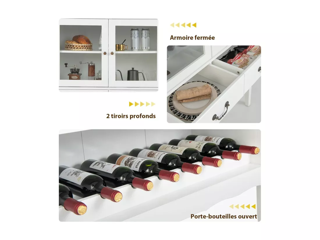 Buffet de cuisine à 2 portes vitrées avec 2 tiroirs porte-bouteilles,90x40x126,5cm blanc