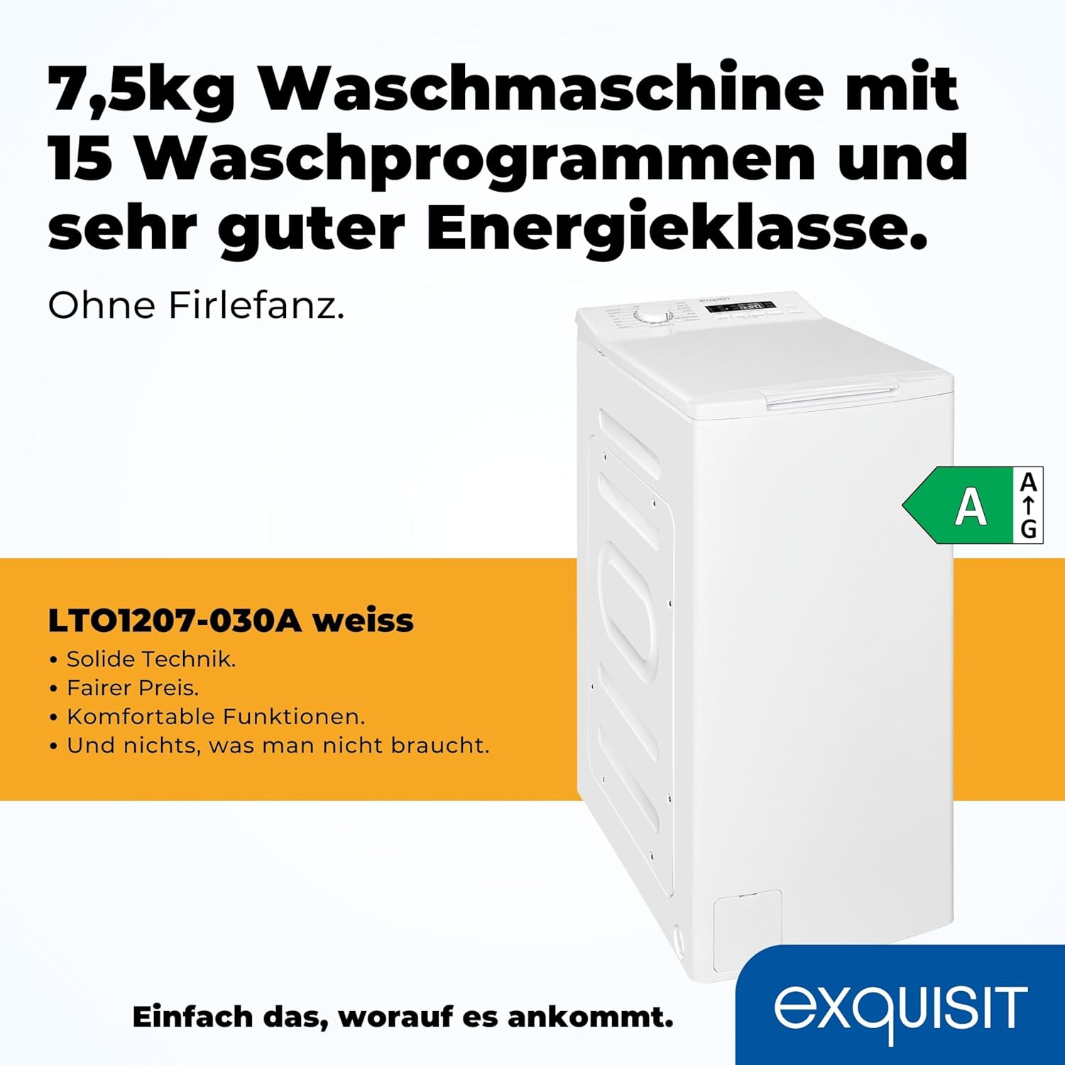 Exquisit Waschmaschine 7,5kg, Toplader, Waschmaschine schmal, Energieklasse A, 1200 U/Min, Startzeitvorwahl, Kurzprogramm, LTO1207-030A weiss