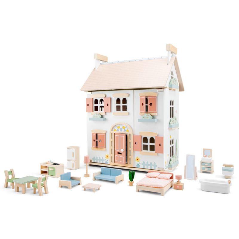 New Classic Toys Dukkehus i tre, inkl. 20 Dukkehusmøbler