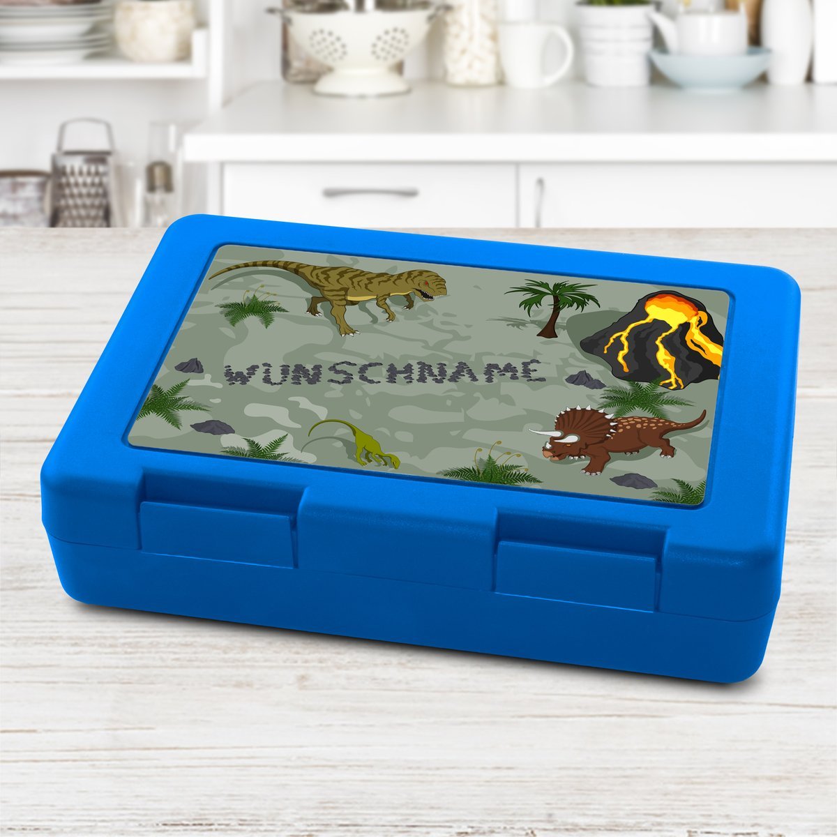 Brotdose mit Namen, blau (Motiv: Dinosaurier)