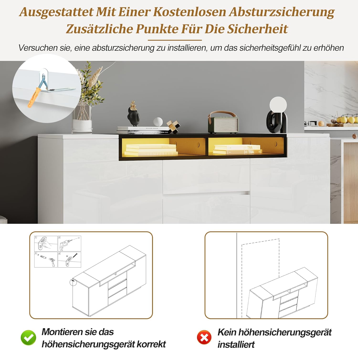 ModernLuxe LED Sideboard Hochglanz Kommode 140x40x68cm,3 Schubladen und 2 L-Türen, Wohnzimmer Sideboard Weiß Schwarz mit Verstellbaren Regalen