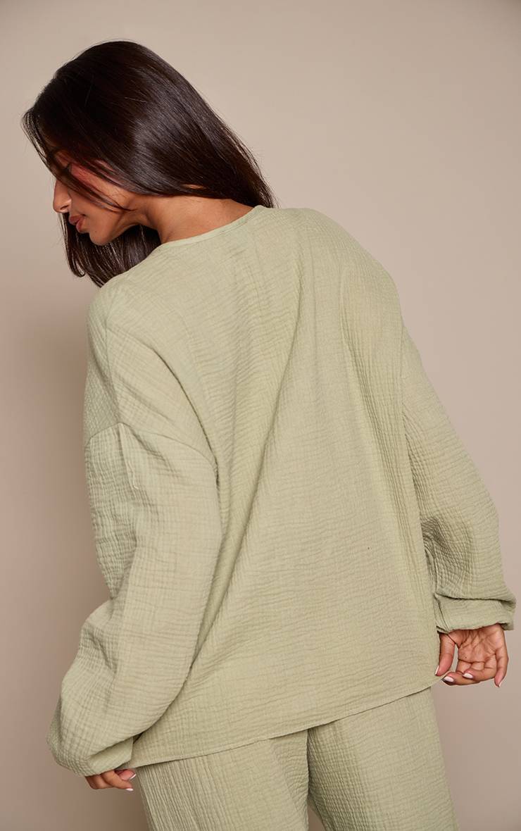Vert Sauge Chemise Coordonnée Petite À Texture Étamine Avec Nœud Devant