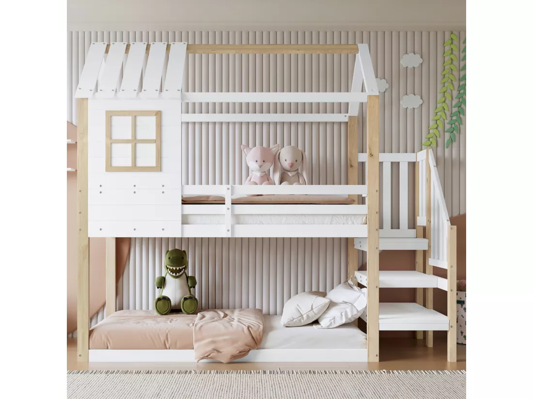 Lits superposés cabane avec escaliers d'angle et clôtures - 2 x 90 x 200 cm - double certifié FSC et EN747 - Pin - Blanc