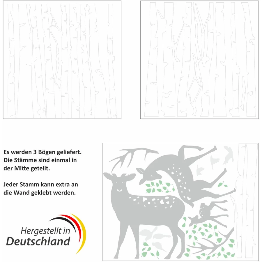 Nikima Wandtattoo 199 Birkenstämme WEISS mit Hirsch, Reh und Kitz weiß