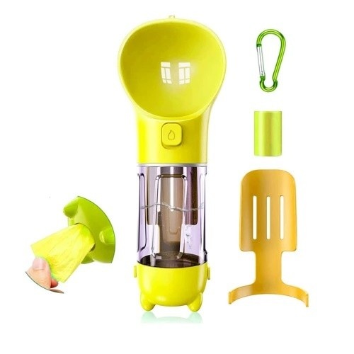 Tigela de água portátil Edipets com dispensador de sacos, amarela, para cães.