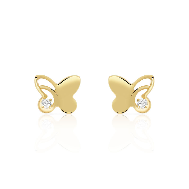 Boucles d'oreilles or 375 jaune papillons zirconias