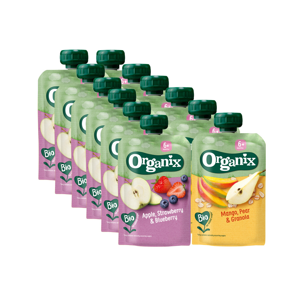 Knijpfruitpakket 6+m - Mango Peer & Granola 6x 100 gr & Appel Aardbei & Blauwe Bes 6x 100 gr - Pakket