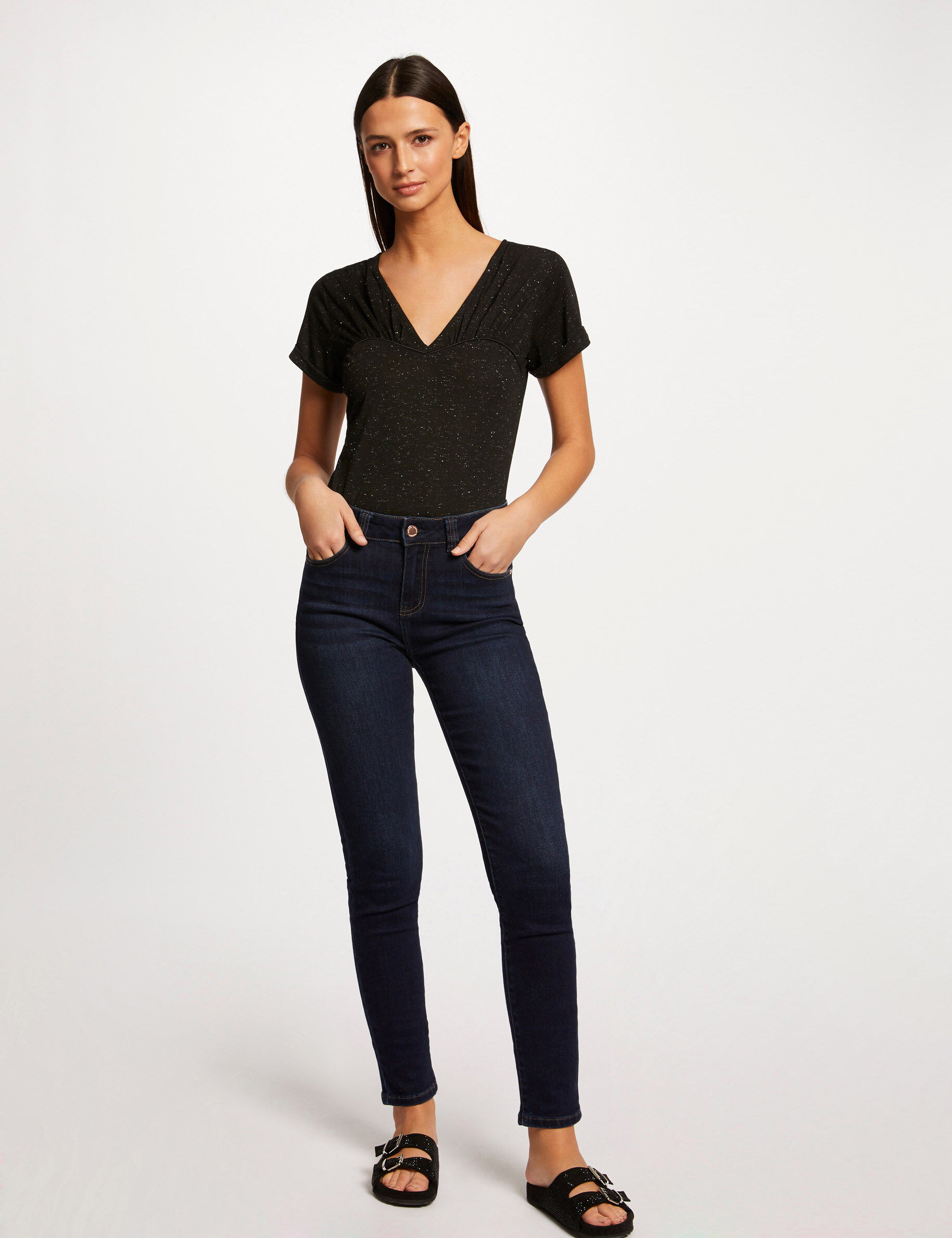 T-shirt manches courtes col en V noir femme - noir