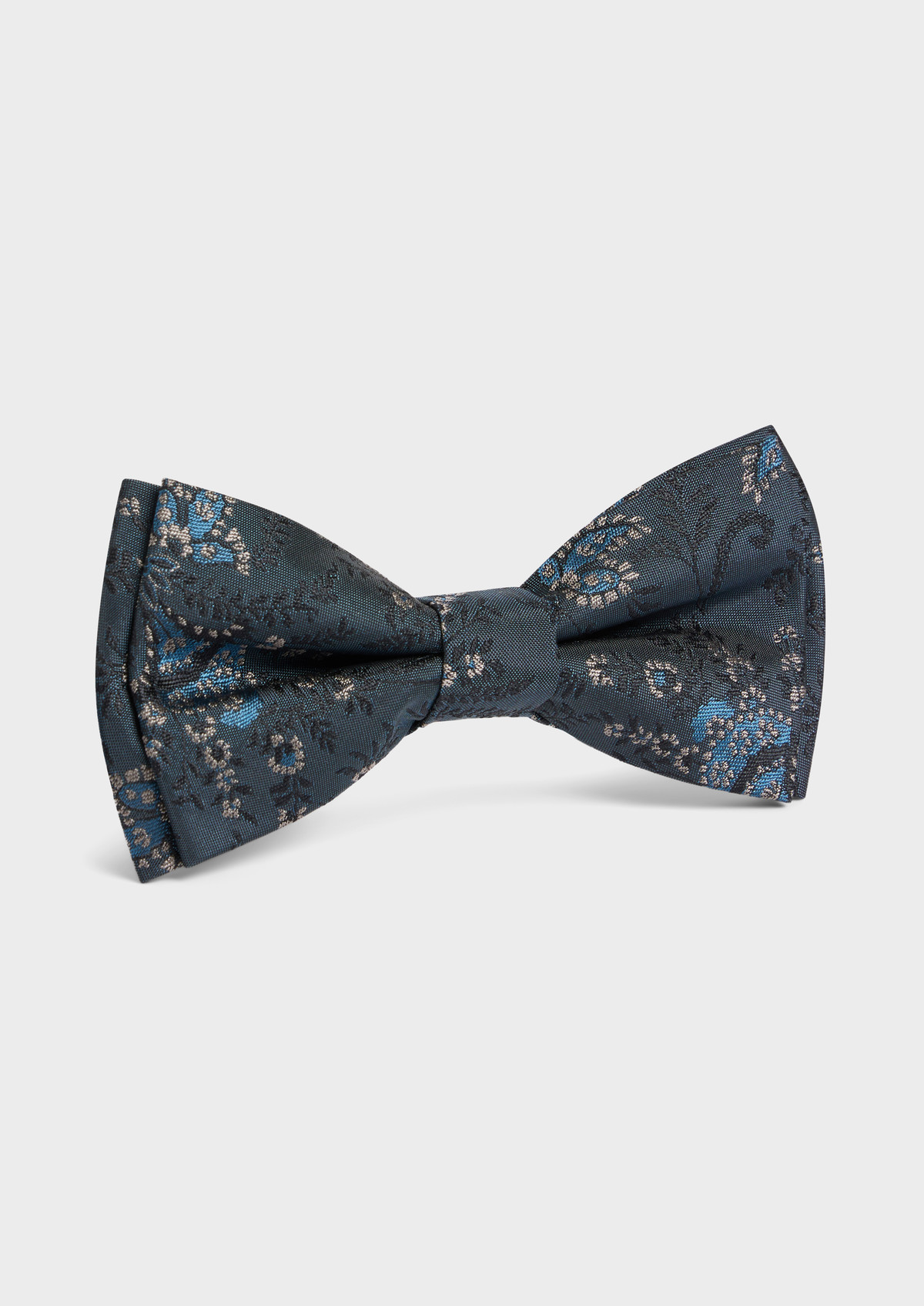 Noeud papillon en soie mélangée bleu prusse à motif fleuri gris et bleu