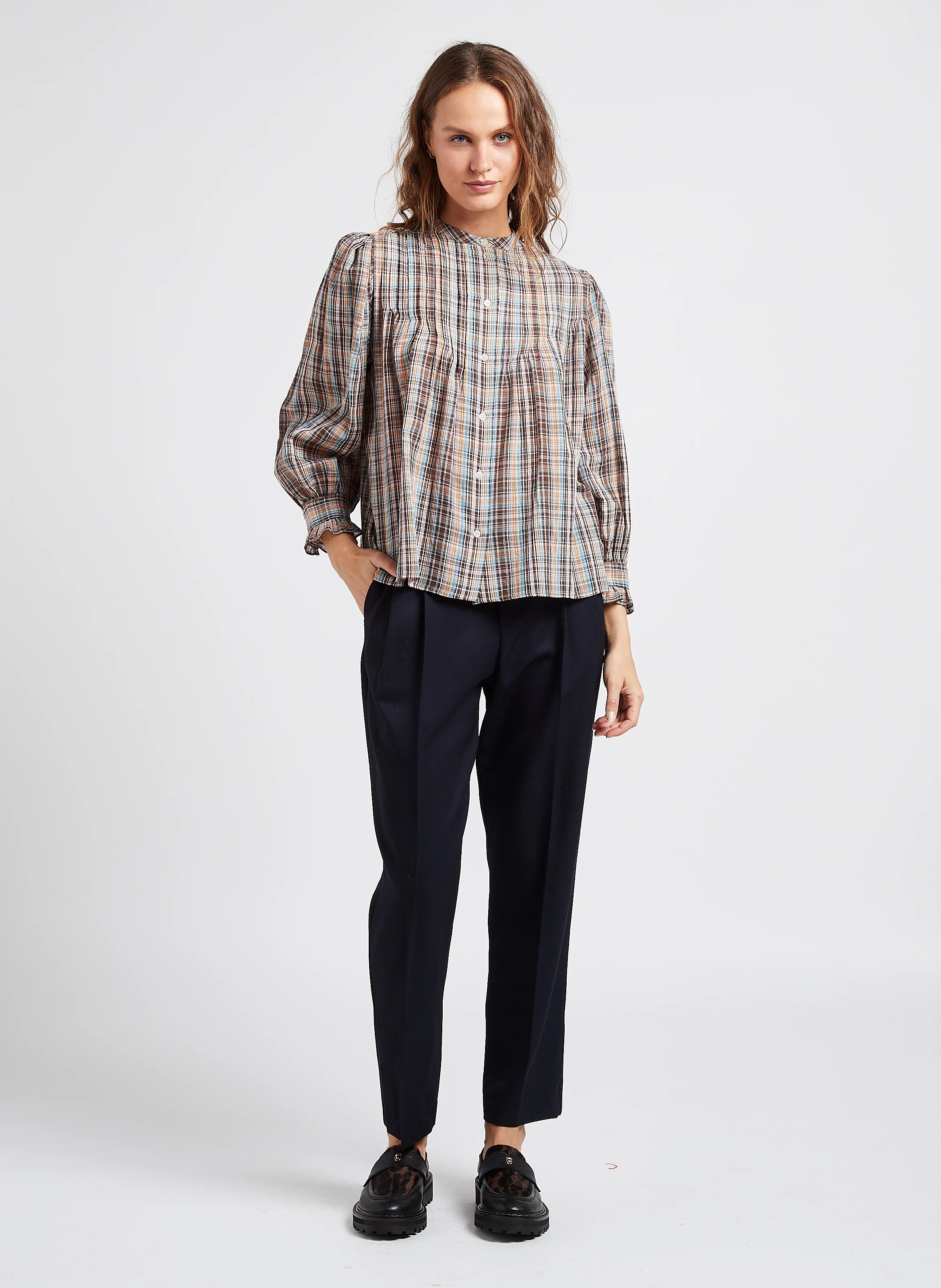 ELBERT - Chemise droite col rond en coton imprimé | Marron