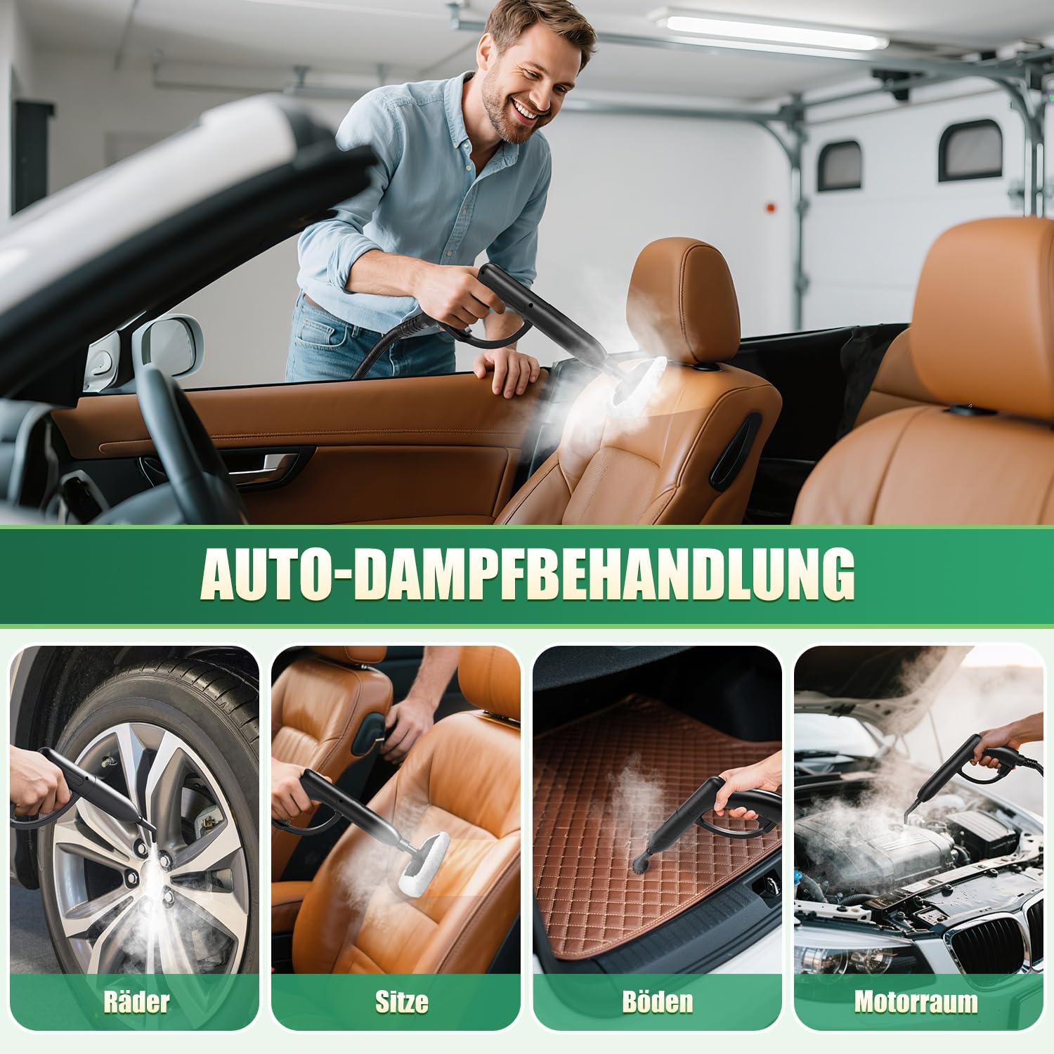 Dampfreiniger, Dampfdruck: 4 Bar, Leistung: 2000 W, Tank: Max 2 L, Nutzungsdauer: 40 Minuten, mit Bodenreinigungsset, Düsen und Rundbürste von Böden, Sofas, Polstermöbel und Autos