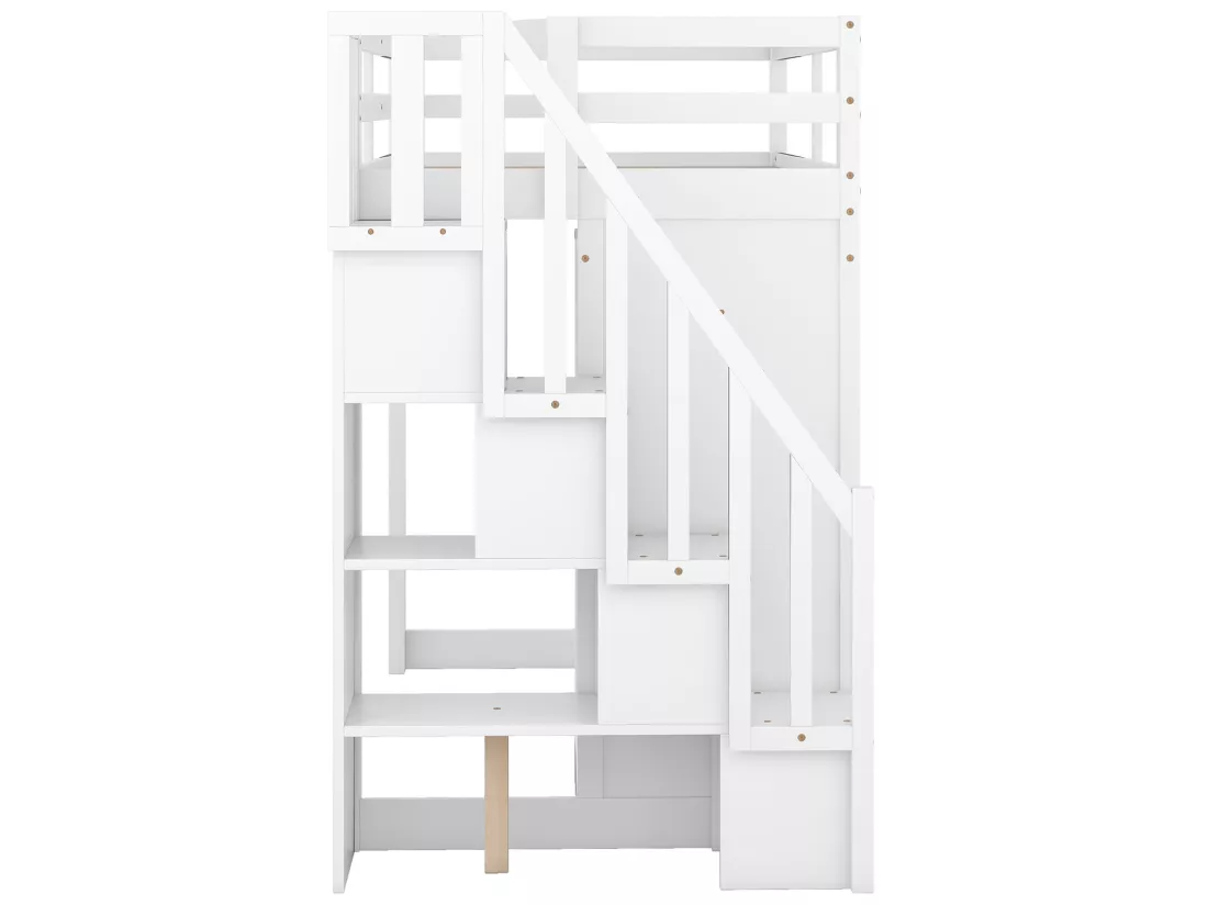 Lit mezzanine 90 x 200 avec armoire et escalier, bureau et tiroirs - Pin + MDF - Blanc