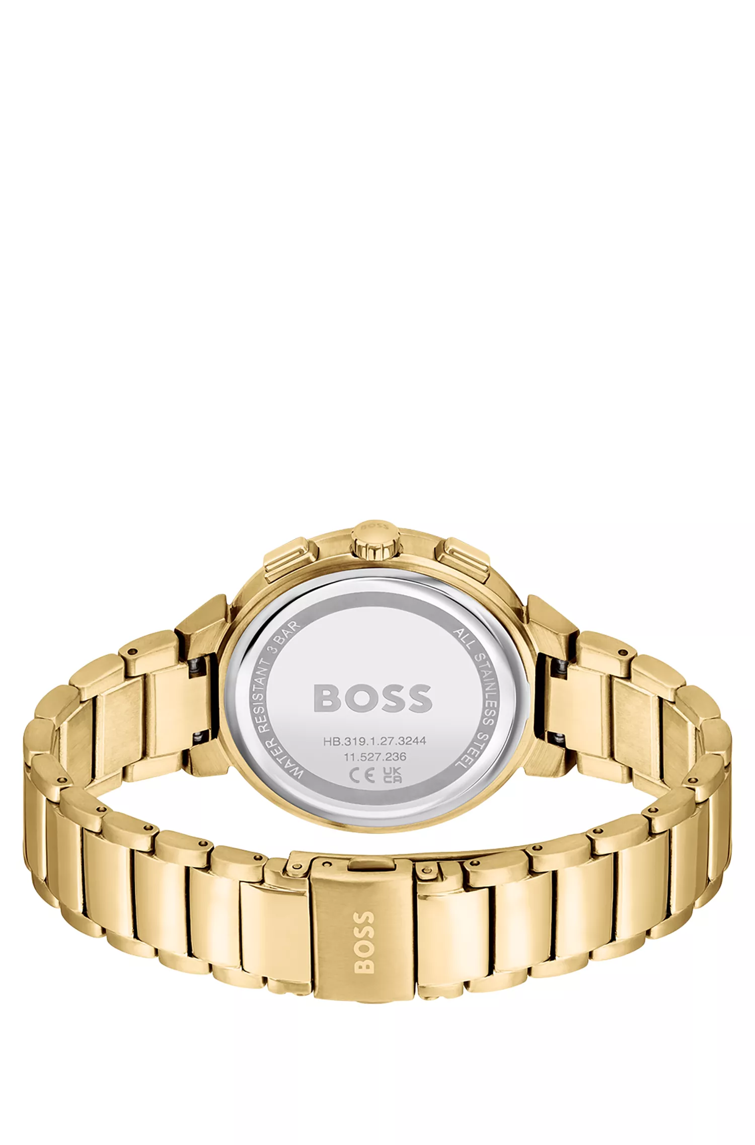 Relógio BOSS em tons de preto e dourado com marcadores de horas em cristal.