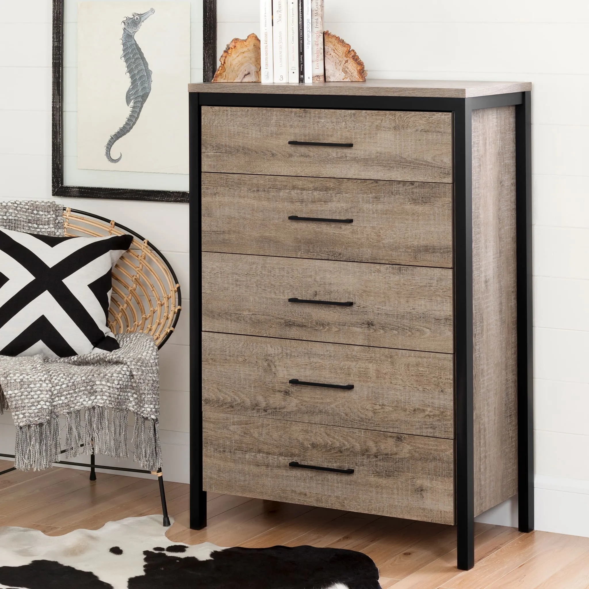 South Shore Commode 5 Tiroirs - Munich Chêne Vieilli et Noir mat